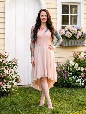 Debbie Co ✦ Blush Pink High-Low Lace Mini Dress ✦ Sleeveless V-Neck Chiffon M